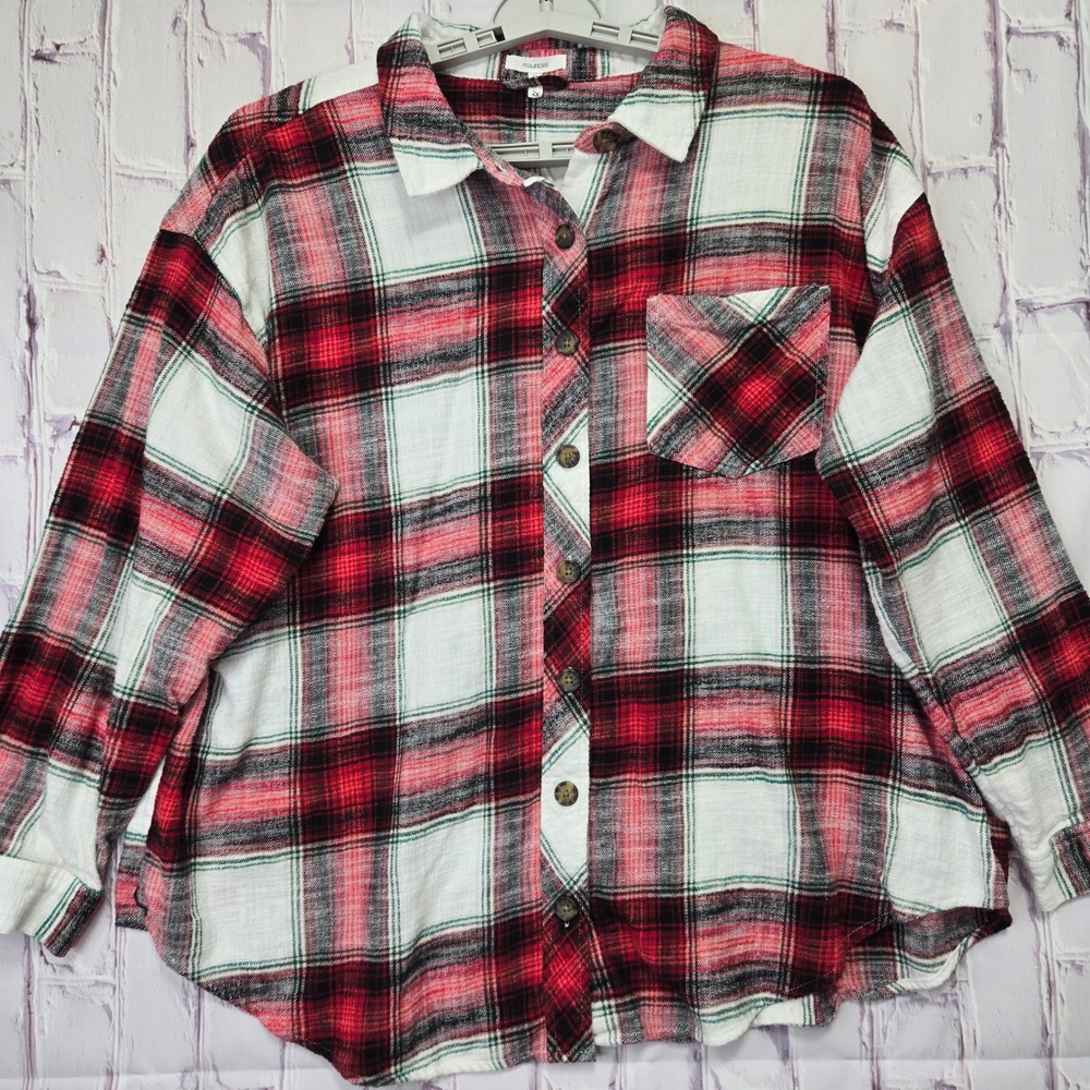 Maurices Womens 2X Red White Plaid Flannel Button Down Shirt Soft 100% Cotton‎